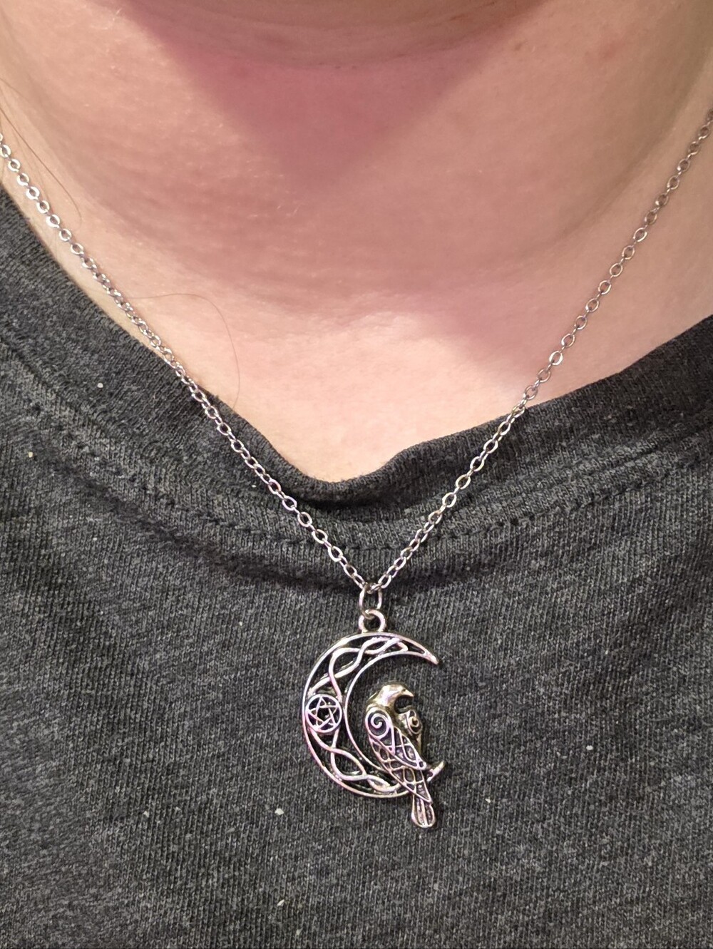 Halloween Style Crow Embedded In Crescent Moon Pendant On Silver Tone Chain